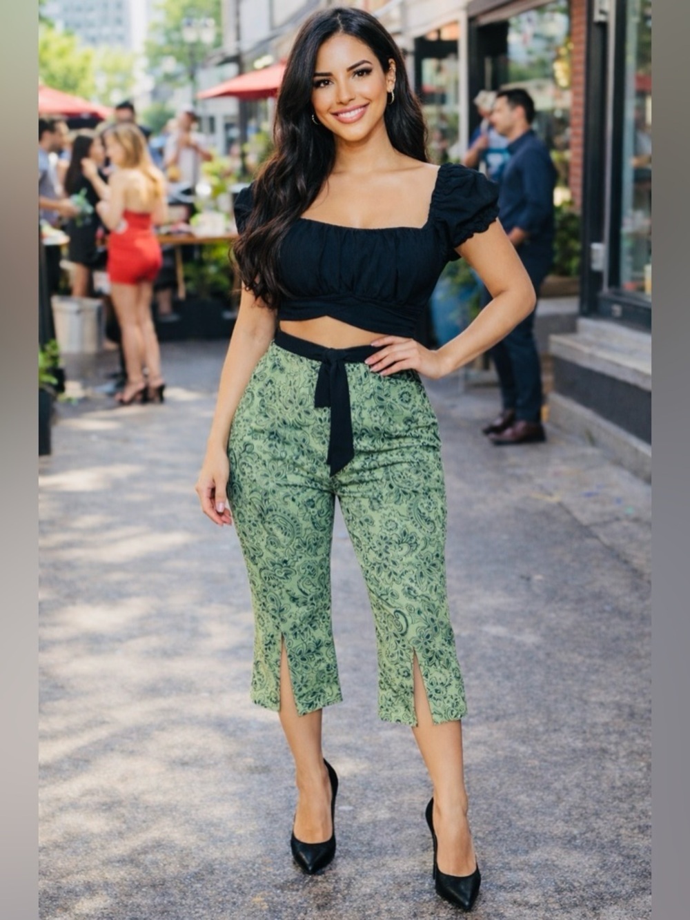 NWT Investments SZ S Crop Pants Light Green w/Black Paisley Print/waist 26”-30”